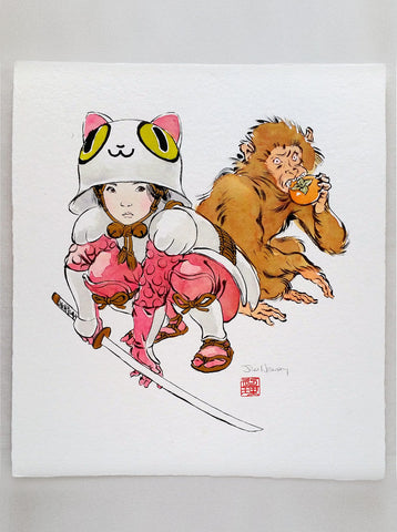 'Girl and Monkey' original Watercolor
